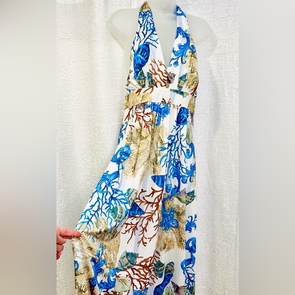 Boston Proper Maxi Halter Dress M Long Flowy Beach Ocean Reef Seashells Coral - Picture 4 of 11